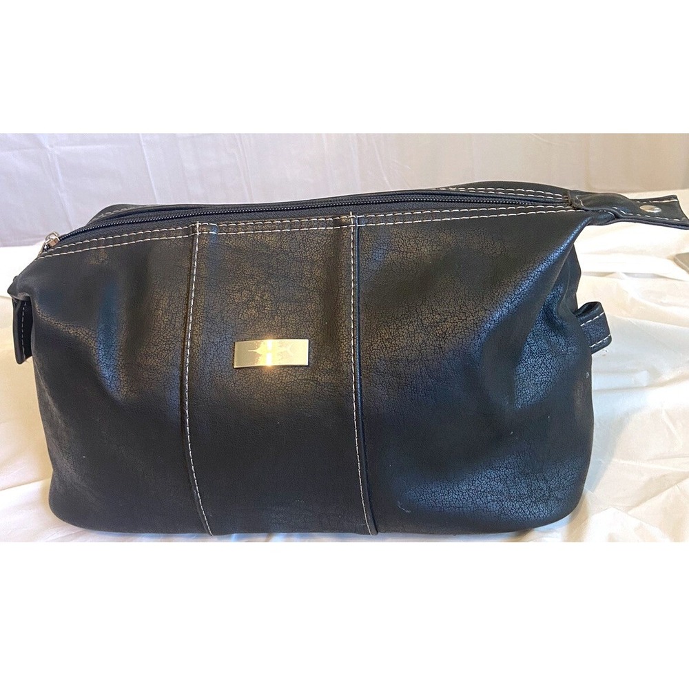 T.‎ Harris Black Faux Leather Dopp Kit Toiletry Travel Bag Contrast Stitching
